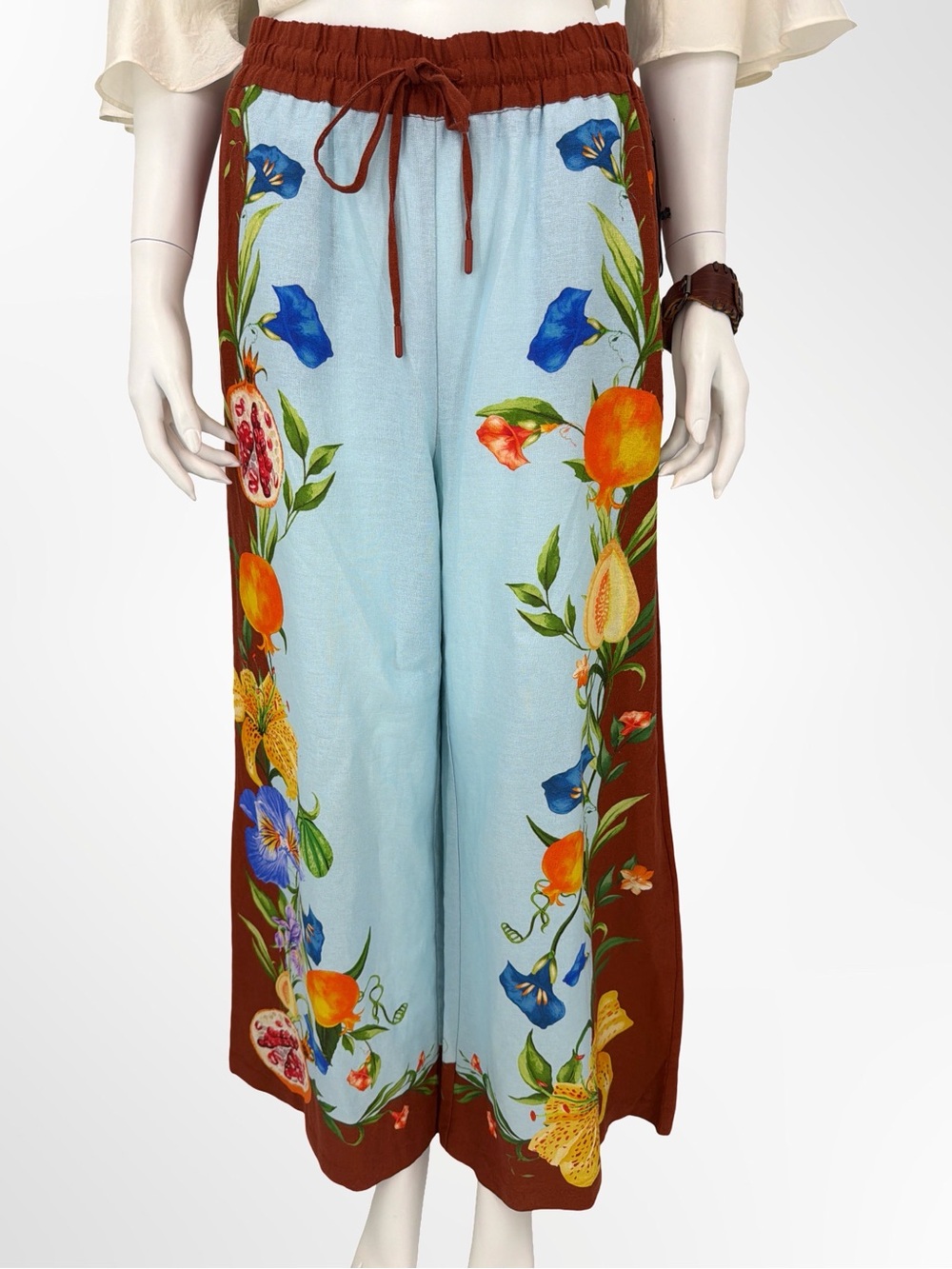 Maison Amelie Paris Women’s Floral Wide-Leg Drawstring Pants - Cream & Sky Blue